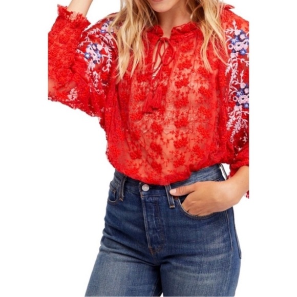 Free People Embroidered Orange Lace Blouse Sheer Boho Floral Hippie Festival - Picture 4 of 15